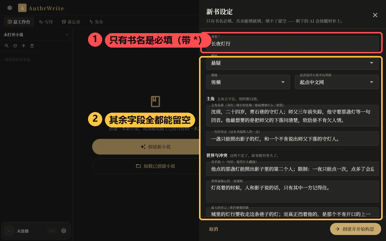 新书设定表单(示例书名《长夜灯行》):红框标出「书名」是唯一必填,金框标出其余字段全都能留空