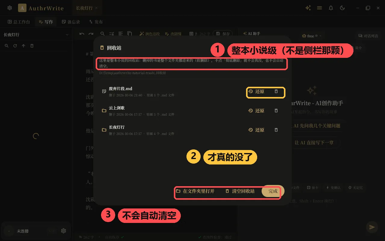 回收站(整本小说级):每一行写着原位置和删除时间,红框那句提醒这是整本小说级的删除,不是侧栏那颗