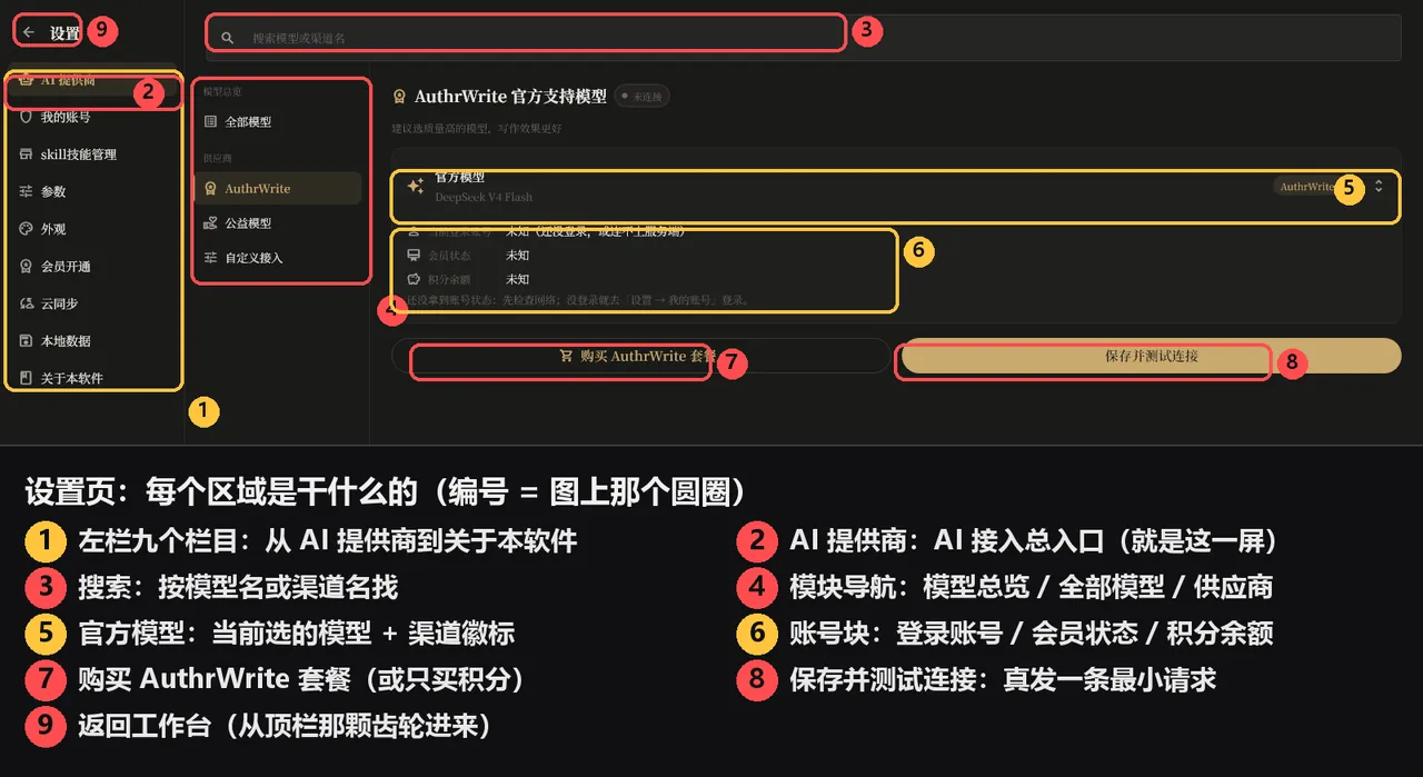 设置页全景:左栏九个栏目 + AI 提供商这一屏